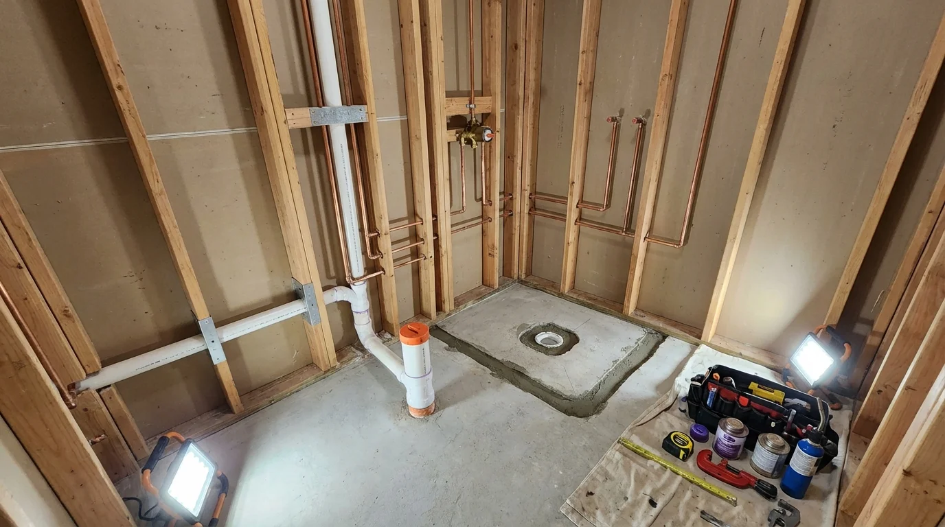 Bathroom rough-in plumbing during remodel by Johns Plumbing LLC in New Palestine