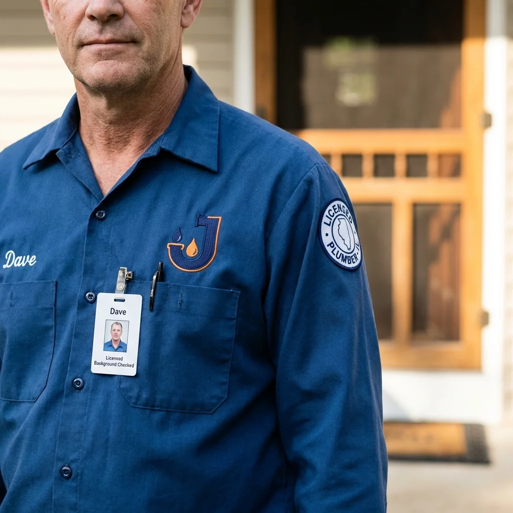 Licensed plumber showing ID badge in New Palestine, IN