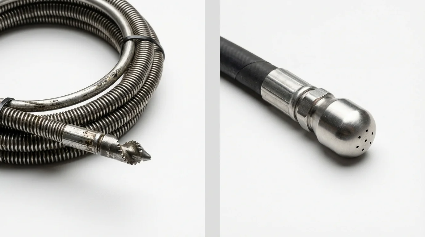 Drain snake cable and hydro jetting nozzle used for drain cleaning in New Palestine, IN
