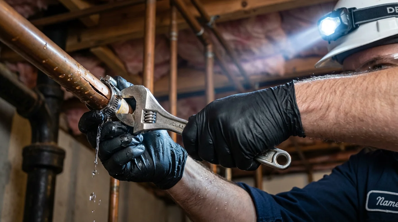 Emergency pipe clamp repair being performed by a Johns Plumbing LLC plumber in New Palestine