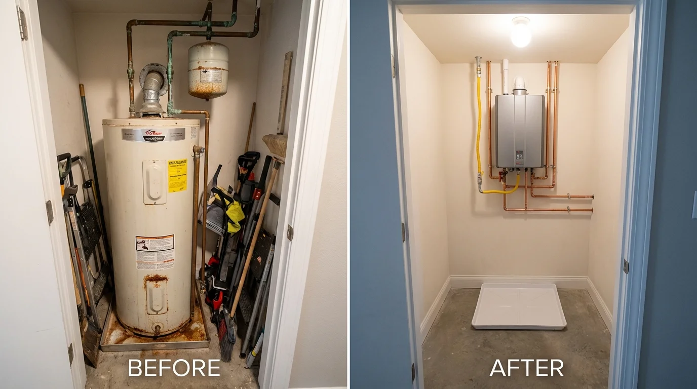 Tank water heater versus wall-mounted tankless unit comparison for New Palestine, IN homeowners