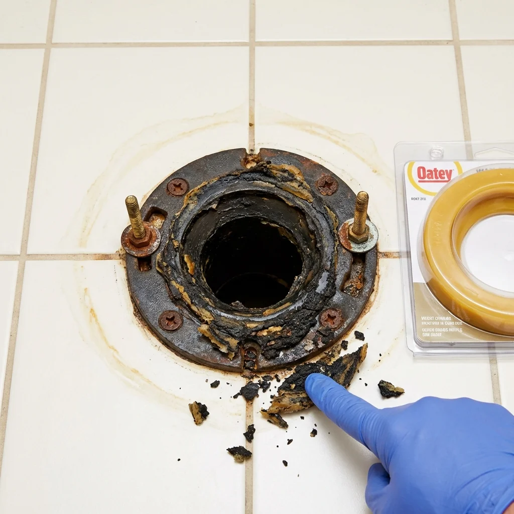 Failed wax ring showing water seepage at the base of a toilet in a New Palestine, IN home