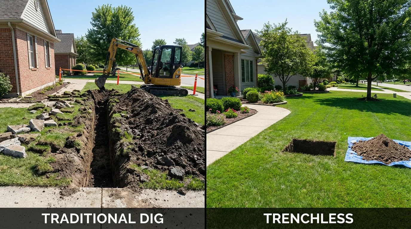 Trenchless sewer repair with minimal yard damage versus traditional excavation in New Palestine, IN