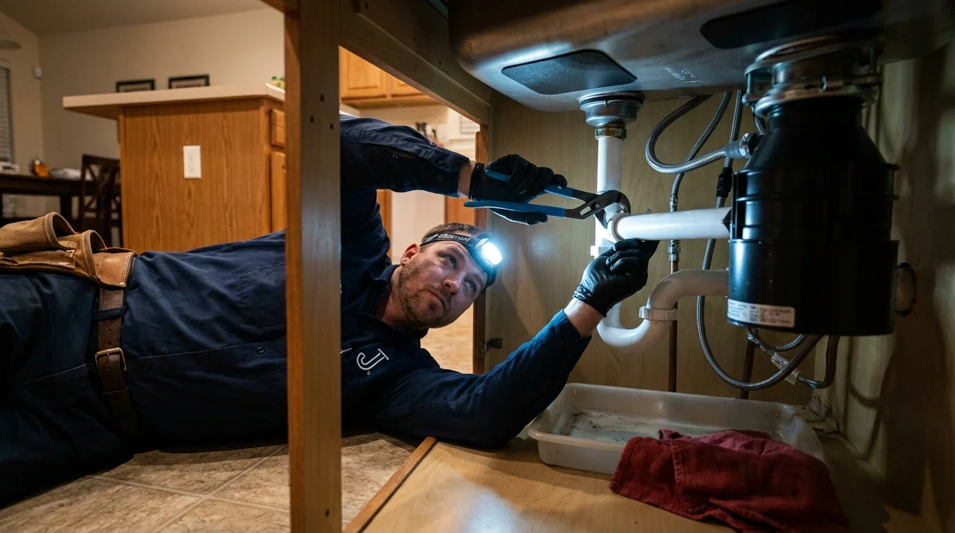 P-trap and supply line connections under a kitchen sink showing a common leak point in New Palestine, IN